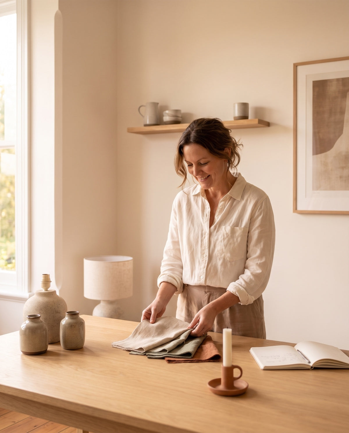 Woman sorting linen swatches and ceramics at a wooden table in a home studio